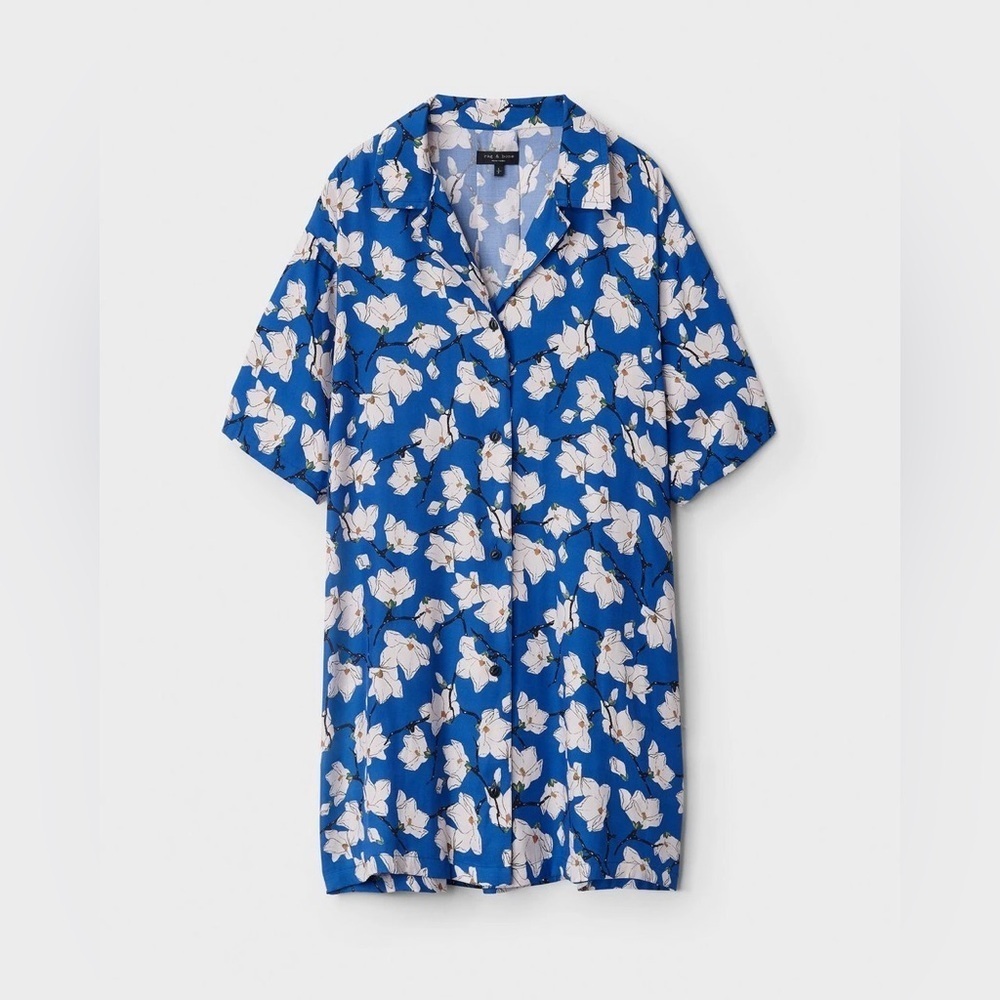 Rag & Bone Reed Silk Blend Mini Shirt Dress in Blue Floral - Picture 2 of 13